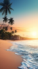 Tropical Tranquil Sunrise Beach Scene with Palm Trees and Gentle Waves. Idyllic Vacation Destination