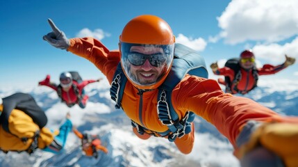 A group of skydivers soaring through the sky above majestic mountains.