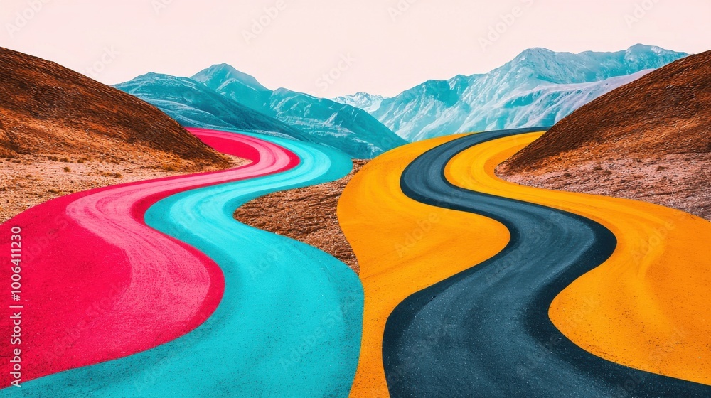 Poster a forked road in an abstract landscape with multiple colorful paths, each representing different cho