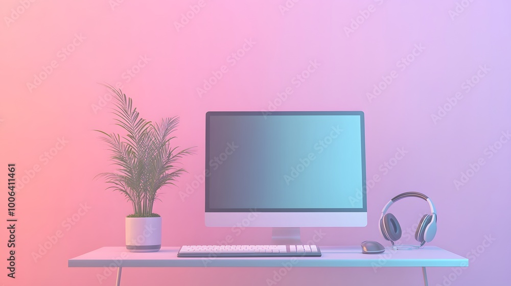 Poster front view of an working interior with colorful empty room, computer、green plant、headphones on the t