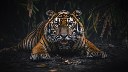 An angry Sumatran tiger (Panthera tigris sumatrae), a beautiful animal with a beautiful portrait