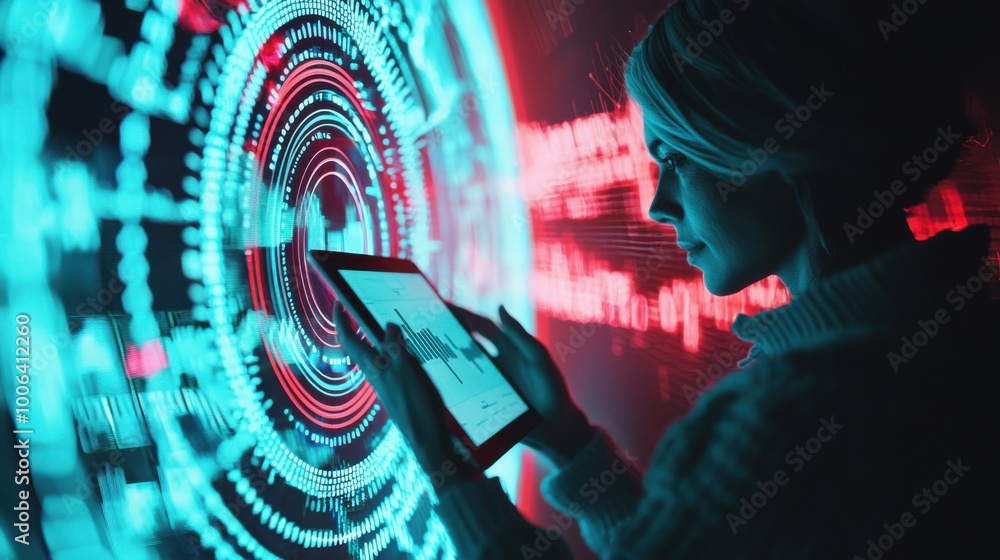 Poster a futuristic hologram of a person holding a tablet with digital graphs and performance charts projec