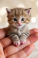 There is a small kitten sitting on a persons hand