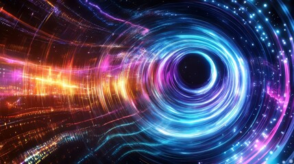 Obraz premium A swirling, colorful pattern like a sound wave, representing futuristic technology. It looks like a powerful laser beam or a space weapon, with data flowing around it.