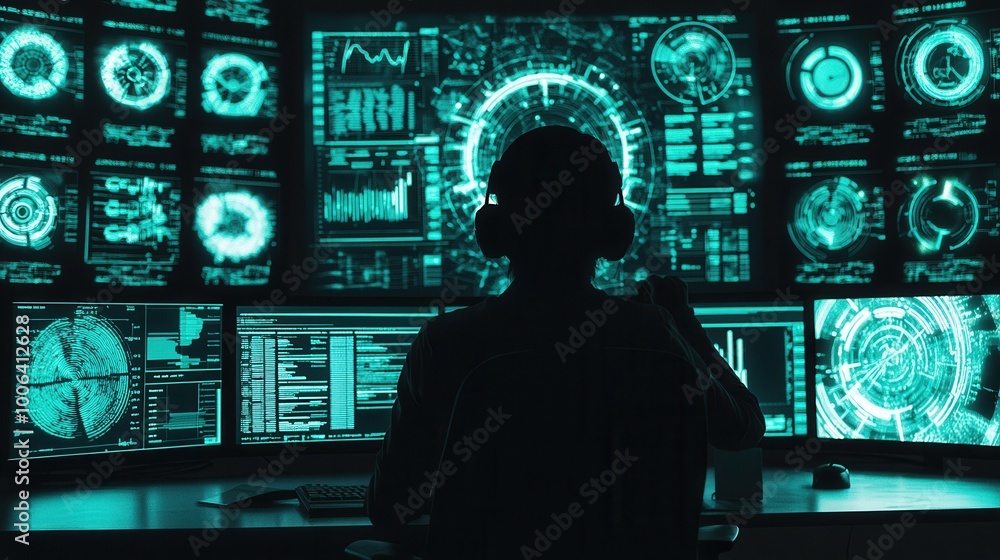 Poster a futuristic workspace with holographic screens showing abstract data points and performance indicat