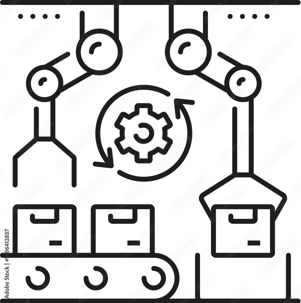Aufkleber Manufacture conveyor, automatic and manual production line icon. Industry manual production line, warehouse supply chain automatic equipment or factory robot automation technology linear vector icon
