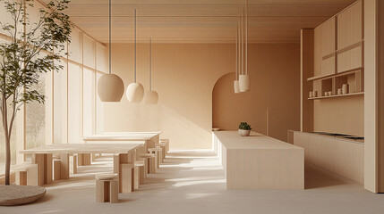 Interior of a food court in a shopping mall designed in a minimalist contemporary style with light beige tones