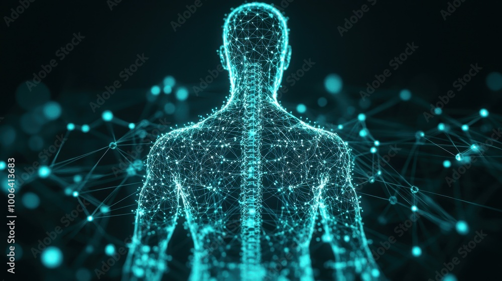 Poster a glowing blueprint of a human figure filled with gears and circuits, surrounded by connected dots r
