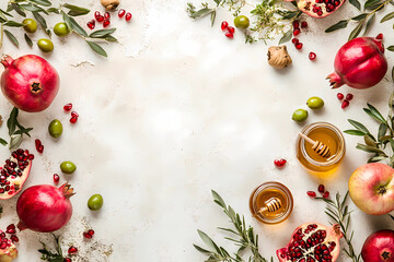 Photo, flat lay, top view on a light background with pomegranate and apple fruits, a honey jar, olive leaves, and space for text or a message in the center of the picture. 