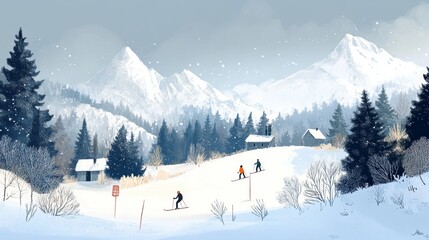 Fototapeta premium A snowy scene with skiers on a hill, surrounded by trees and mountains. This hand-drawn illustration is perfect for posters or banners.
