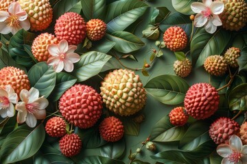 Fototapeta premium Tropical Lychee Fruit Illustration, Fresh lychee or litchi fruit Vector illustration, hand-drawn lychee, Fresh lychee fruit, lychee illustration, lychee pattern, half-sliced lychee fruit