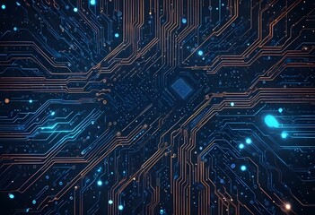 Abstract blue circuit board background with glowing lines and dots