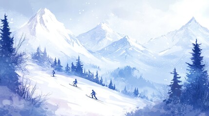 A snowy scene with skiers on a hill, surrounded by trees and mountains. This hand-drawn illustration is perfect for posters or banners.