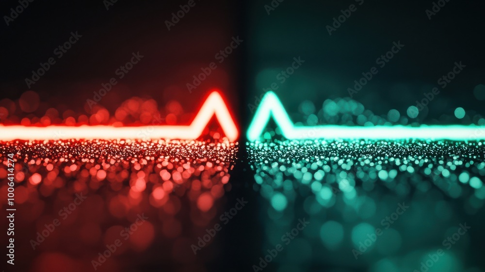 Poster a glowing graph with two diverging lines, one in green and the other in red, cutting through a dark 