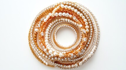 A circle trail of bracelets, rings, and pearls shining brilliantly against a pristine white background, symbolizing beauty and elegance
