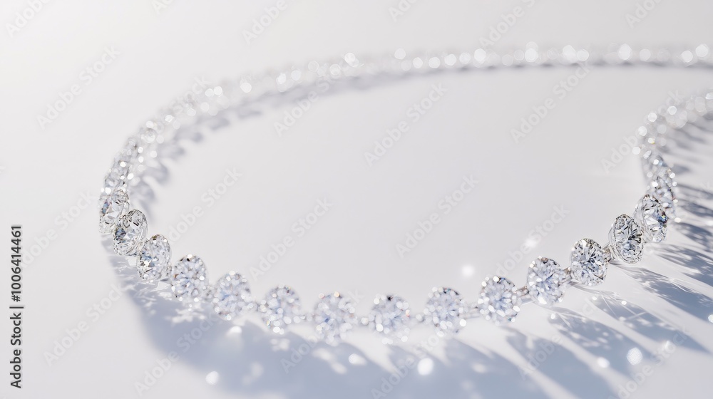 Poster a luxurious circle of diamonds forming a sparkling trail on a clean white backdrop, creating an eleg