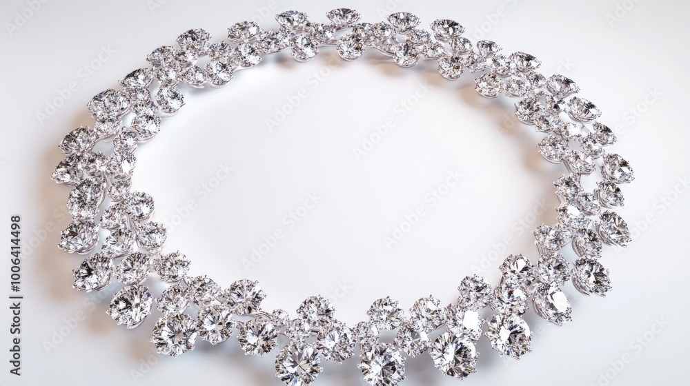 Poster a luxurious circle of diamonds forming a sparkling trail on a clean white backdrop, creating an eleg