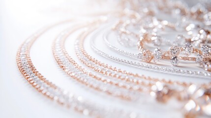A radiant trail of necklaces, diamonds, and bracelets forming a circular pattern on a sleek white background, symbolizing luxury and sophistication