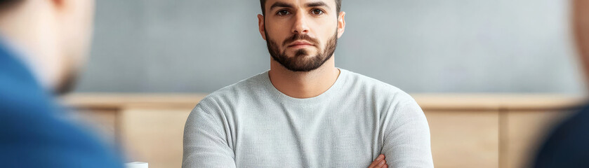 Fototapeta premium Serious man in a sweater, engaged in a focused conversation.