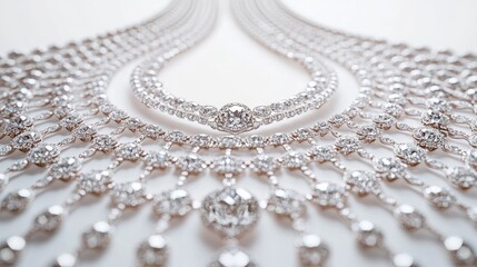 A radiant trail of necklaces, diamonds, and bracelets forming a circular pattern on a sleek white background, symbolizing luxury and sophistication