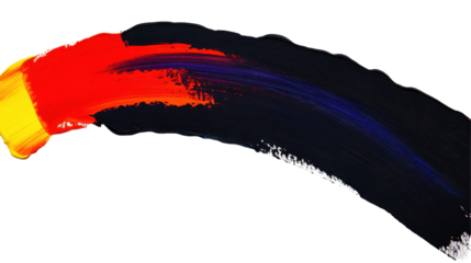 A vibrant abstract brushstroke featuring red, yellow, and black colors.