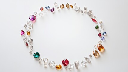 Obraz premium An elegant circle trail of gemstones and jewelry pieces sparkling brightly against a white backdrop, showcasing intricate craftsmanship