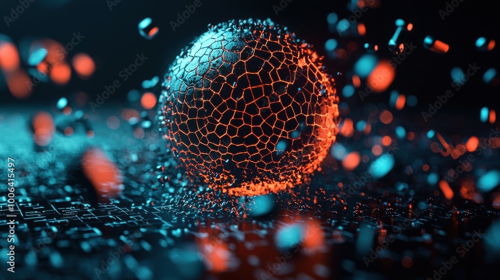 Poster a glowing sphere with cracks, surrounded by floating protective shields made of data, representing t