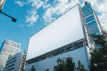 Empty billboard mockup on tall building against blue sky, showcasing modern urban environment. scene evokes sense of potential and creativity