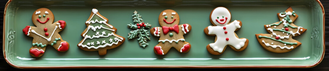 Obraz premium Christmas cookies decorated with gingerbread men, snowmen, and tree designs, isolated on a elegant green dish.