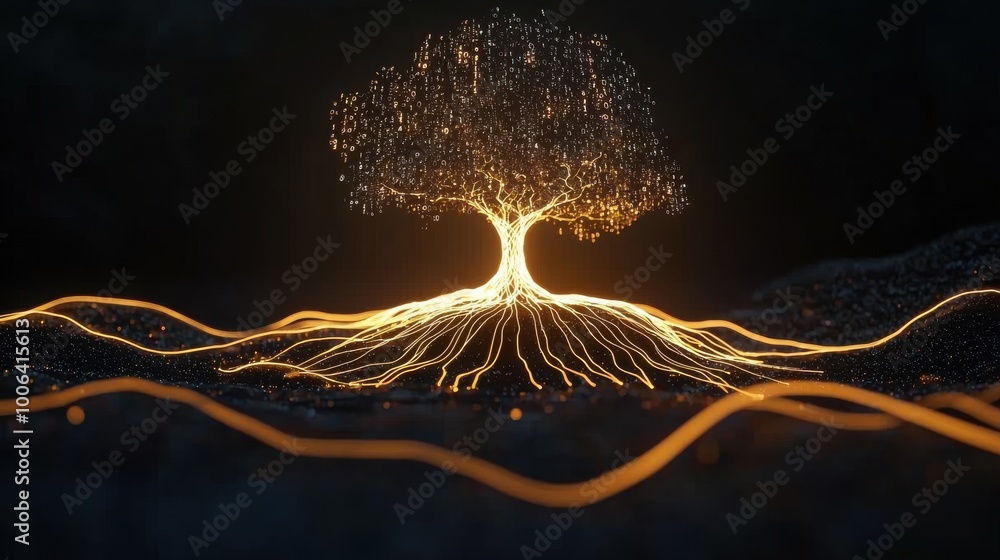 Poster a glowing tree with its roots made of numbers and its branches turning into graphs showing upward tr