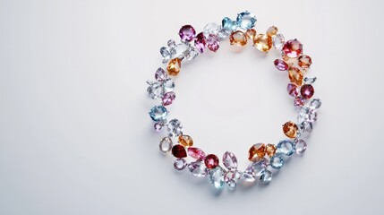 Luxurious rings and gemstones forming a stunning circular trail on a minimalist white background, creating a captivating design