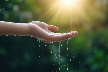 Water pouring on hand in morning ligth background
