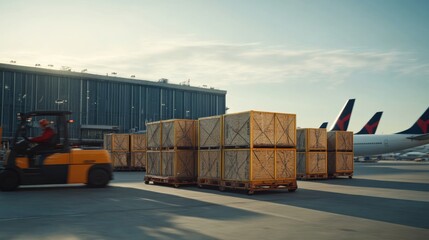 A forklift maneuvers in an airport cargo area, lifting large wooden crates while airplanes stand ready in the background, exemplifying air transport logistics