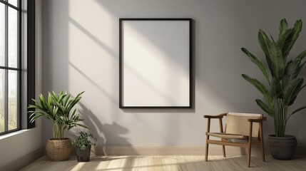 Fototapeta premium A simple black frame hangs on a light gray wall. The frame is empty, ready for you to add a picture or artwork.