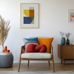  Stylish living room with a mid-century modern chair, colorful pillows, and a unique knot cushion, creating a cozy and contemporary space. Mock up poster. 