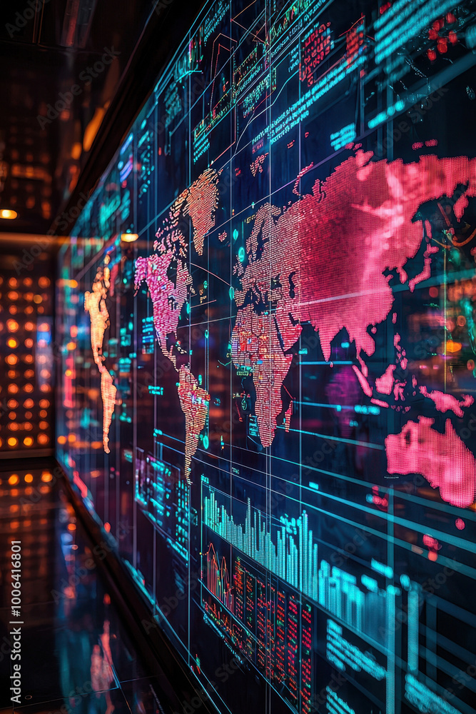 Poster ai global economic, a detailed digital world map emphasizing economic indicators with floating holog