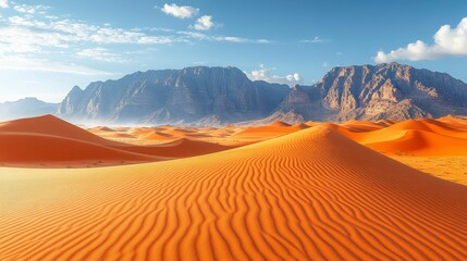 Naklejka premium A serene desert landscape with rolling sand dunes and distant mountains under a clear sky.
