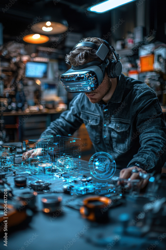 Poster vr in engineering, a mechanical engineer utilizes a vr headset in a bustling workshop, interacting w