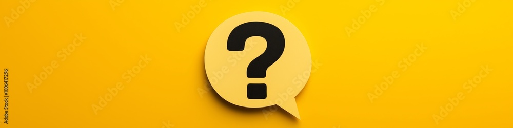 Poster a yellow background with a question mark on it. the question mark is in the middle of the image and 