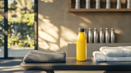 Yellow Juice Bottle with Towels on a Bench, Health Drink Mockup.