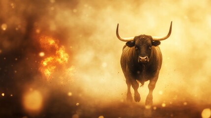 A powerful bull moving forward, with its horns and hooves raised high against the backdrop of an exploding fire in nature. The background is a blurred landscape of dust flying around.