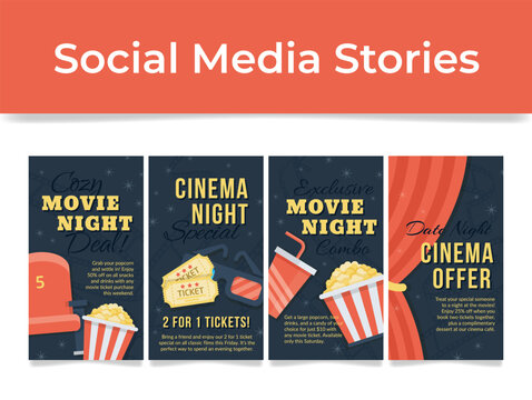 Cinema movie night special offer social media stories design template set vector flat - Powered by Adobe