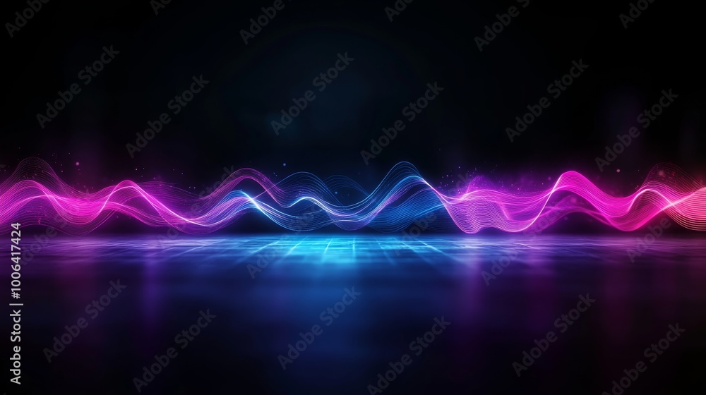 Poster a vibrant display of virtual reality waveforms undulates across a transparent grid, bathed in neon p
