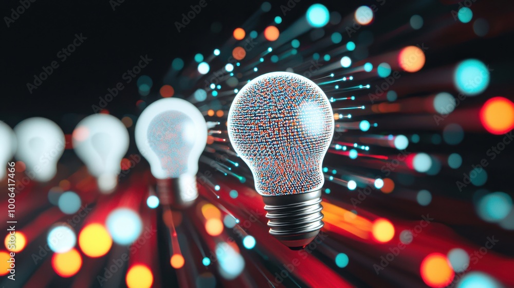 Poster a group of light bulbs floating in the air, each one emitting a different pattern of lines and color