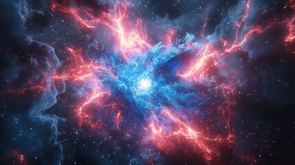 Versus background,  A vivid splash of blue and red neon energy elements colliding at the center, creating an explosion of light against a dark background. Vivid arcs of energy swirl