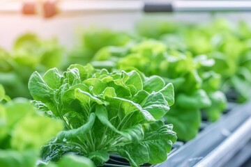 Fresh green lettuce growing in a hydroponic system, healthy and vibrant plants.