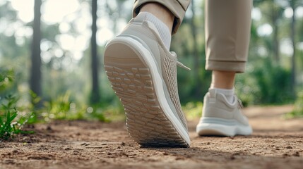 A man's foot in a mud-covered running shoe strides along a forest trail, showcasing the connection between hiking and the natural environment