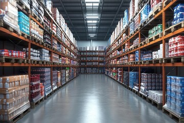 A spacious warehouse interior filled with neatly organized shelves of products, showcasing an efficient storage system.