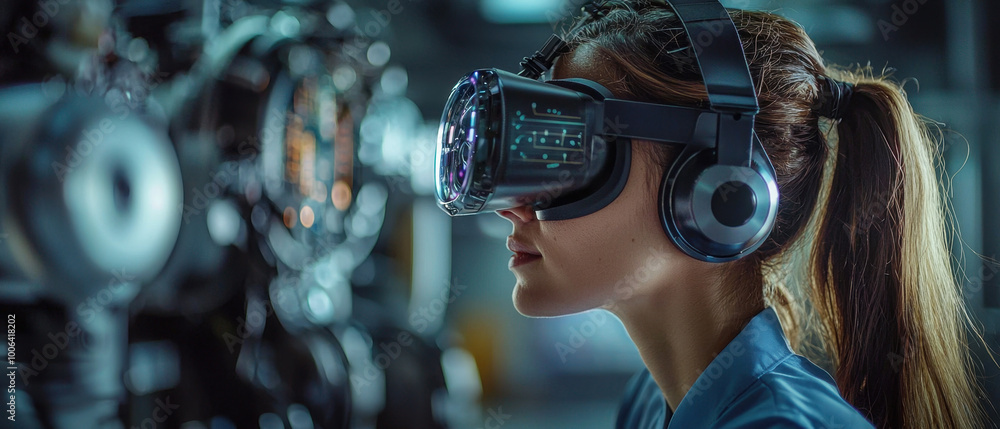 Poster vr in engineering, focused aerospace engineer in a sleek laboratory, donning vr gear while seamlessl