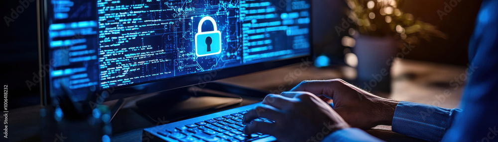 Poster cyber security training, hands typing on a keyboard, focused on an it security training session disp